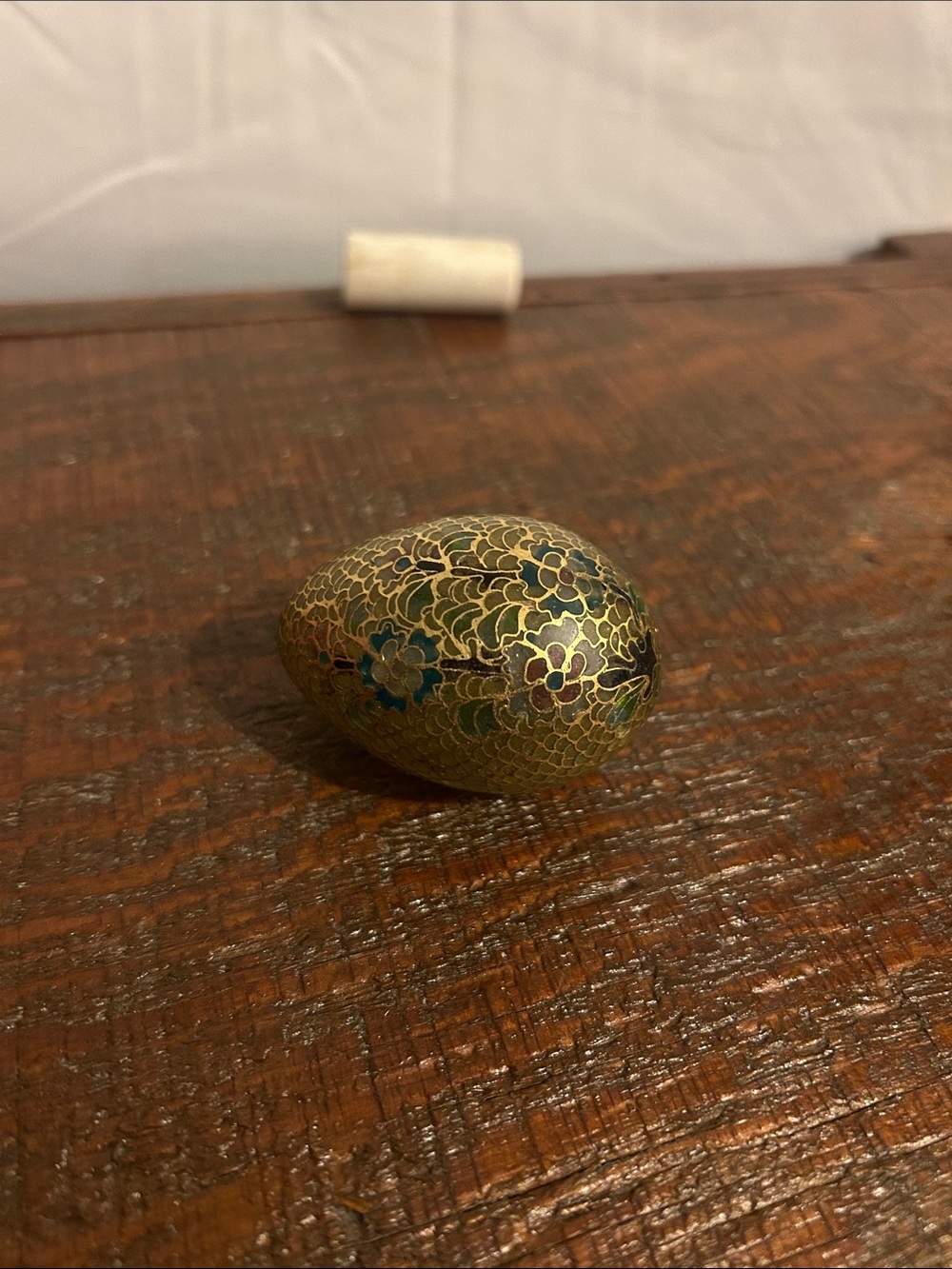 Vintage 2.5” Chinese Plique-a-jour fish scale green and blue flower egg